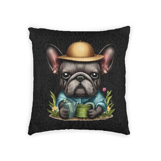 Frenchie Watering Plants Woven Pillows