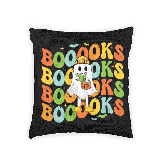 Booooks Cute Ghost Reading A Book Funny Book Lover Woven Pillows