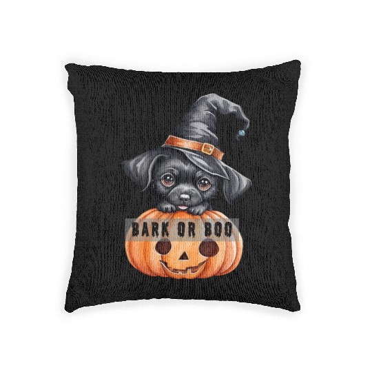 Halloween black puppy with pumpkin : bark or boo Woven Pillows