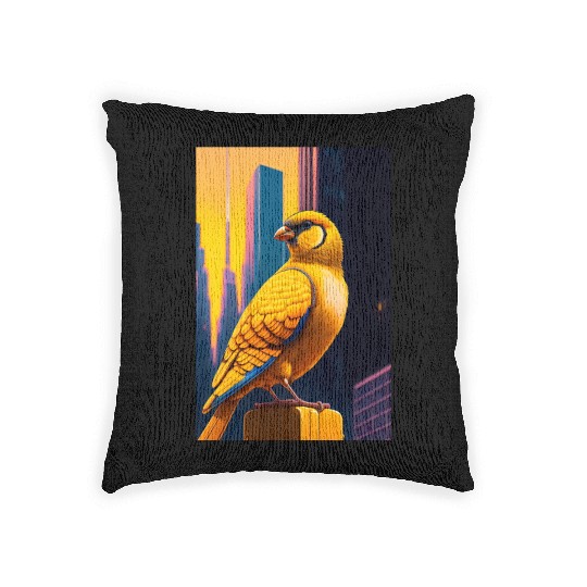 Photo of of a huge gold finch bird in a fusion cit Woven Pillows