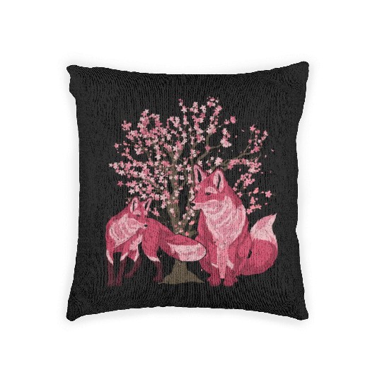 Cherry blossom tree forest animal gift sakura fox Woven Pillows