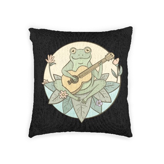 Cottagecore Aesthetic Frog Playing Guitar Woven Pillows