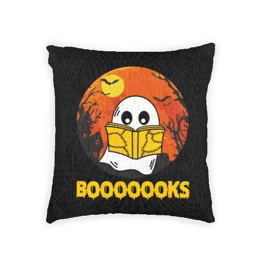 Boooks Ghost Halloween Bookworm Librarian Teacher Woven Pillows