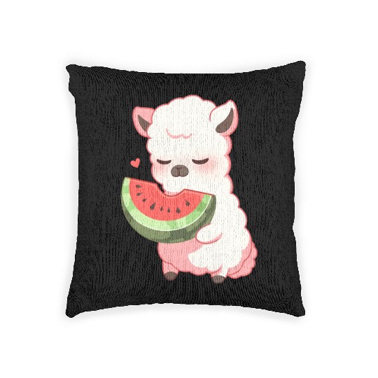 Adorable Kawaii Llama Savoring Sweet Watermelon Woven Pillows