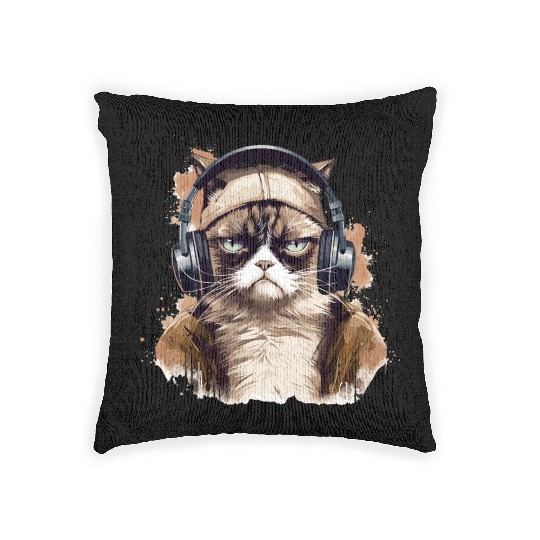 Funny Cat - grumpy face Woven Pillows