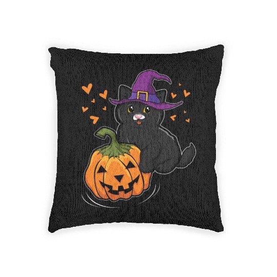 Witch Cat In Pumpkin Cool Creepy Halloween Woven Pillows