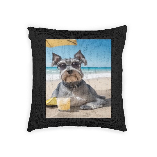 Schnauzer Chilling at Beach with a Drink Woven Pillows