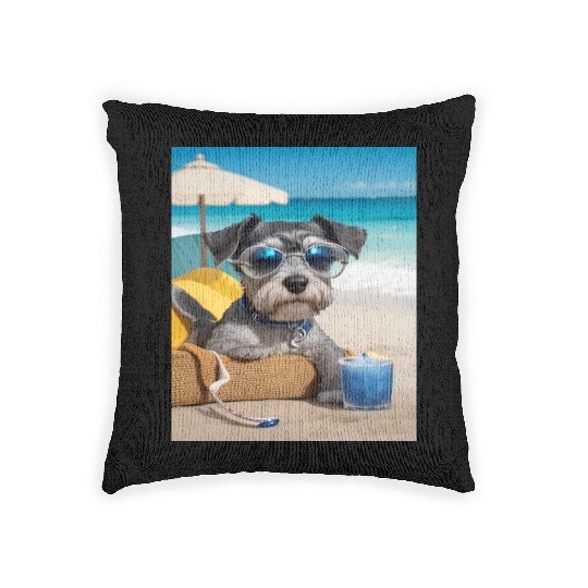 Schnauzer Chilling at the Beach with a Drink Woven Pillows