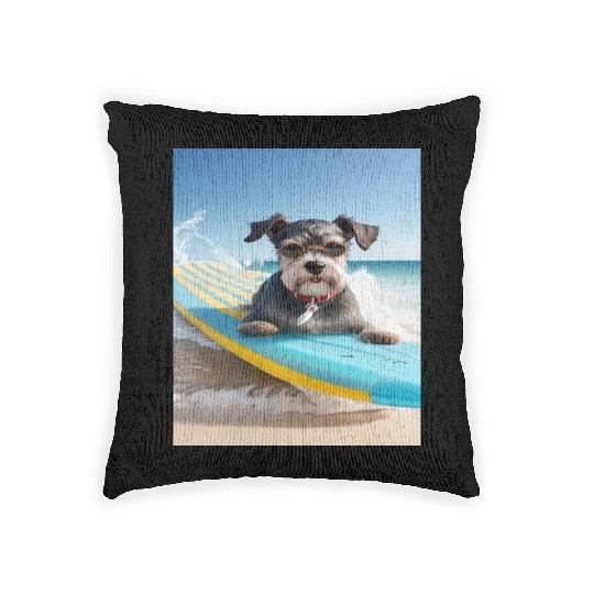 Schnauzer Surfing at Beach On A Surfboard Woven Pillows