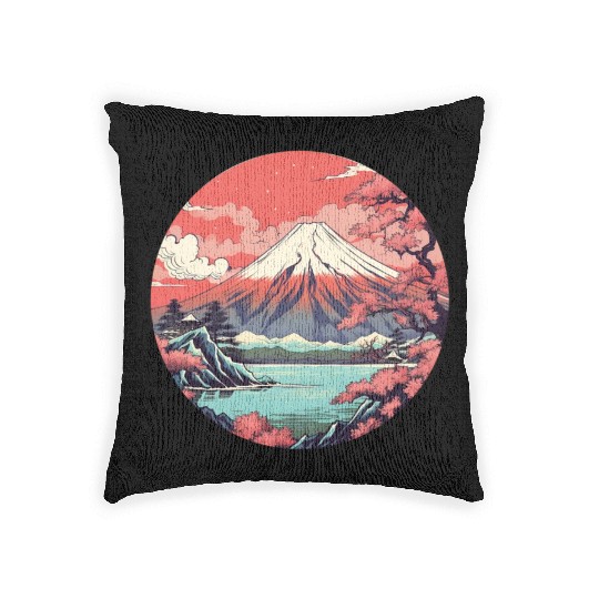Fuji Sakura Serenity: Japanese Landscape Bliss Woven Pillows