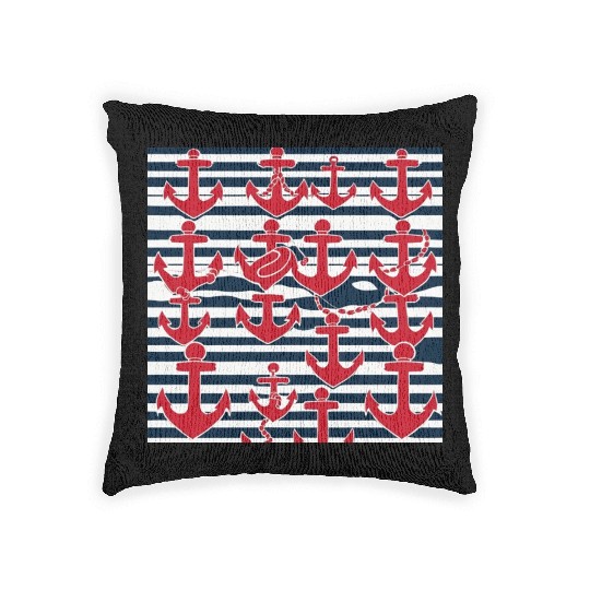classic nautical horizontal white and navy blue Woven Pillows