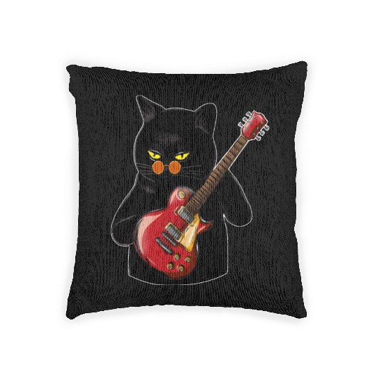 Rock Cat Playing Guitar - Funny Guitar Cat Woven Pillows