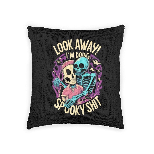 Spooky Shit Skeleton Girl in Arm Halloween Woven Pillows