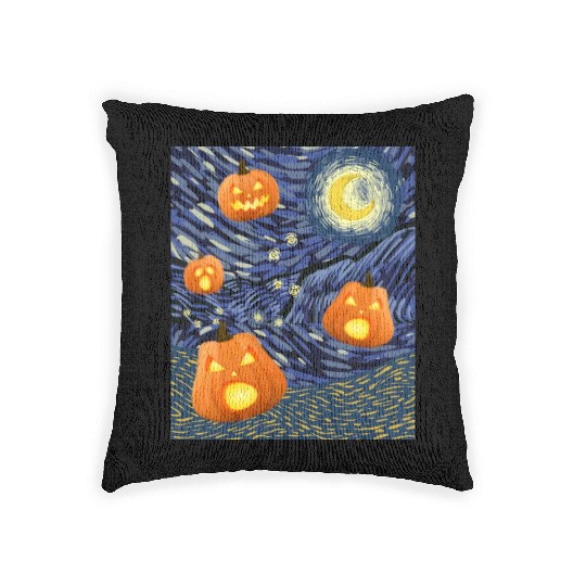 Starry Night with Pumpkins Funny Halloween Art Woven Pillows