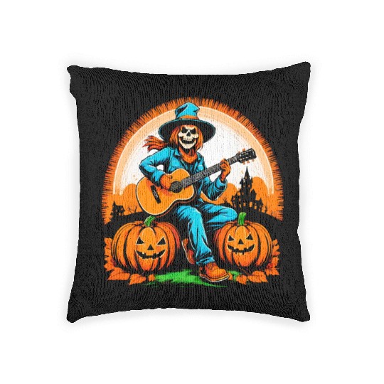 Happy Halloween scarecrow plays guitar Woven Pillows