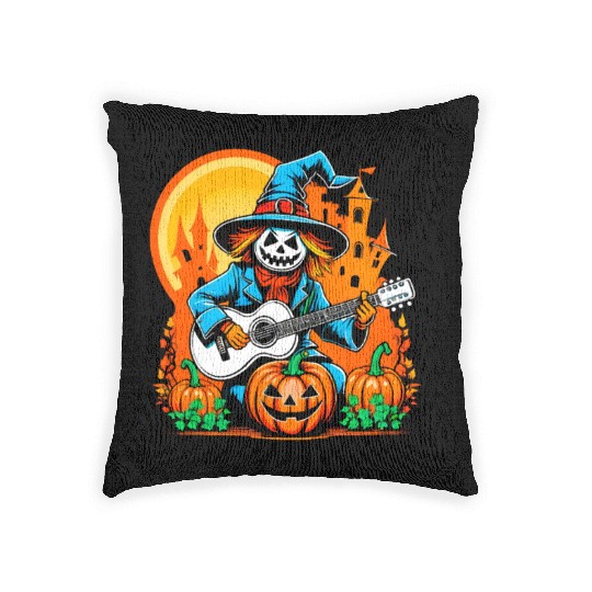 Happy Halloween scarecrow plays guitar Woven Pillows