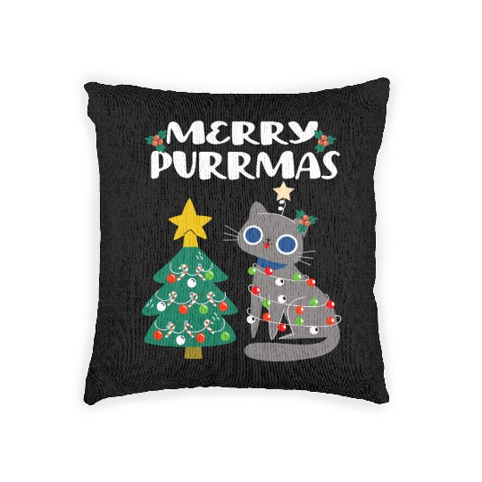 Merry Purrmas - For Christmas Holiday Cat Lovers Woven Pillows