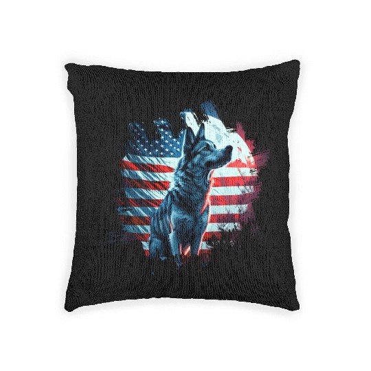 America dog under Moon with American Flag Woven Pillows