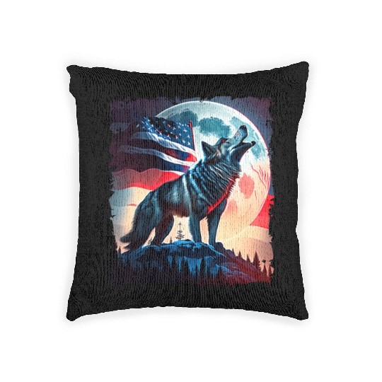 America wolf under Moon with American Flag Woven Pillows