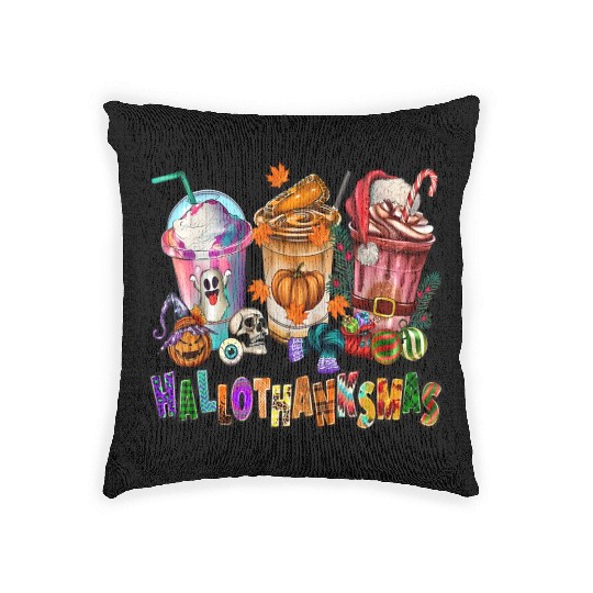 Happy Hallothanksmas Coffee Latte Halloween Woven Pillows
