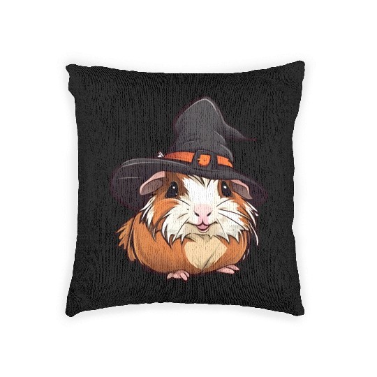Cute Halloween guinea pig with a witch hat. Woven Pillows