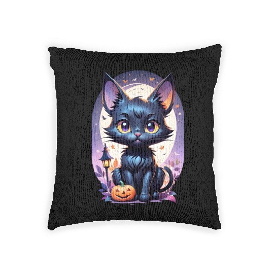 Black Cat With a jack-o-lantern Halloween Design Woven Pillows
