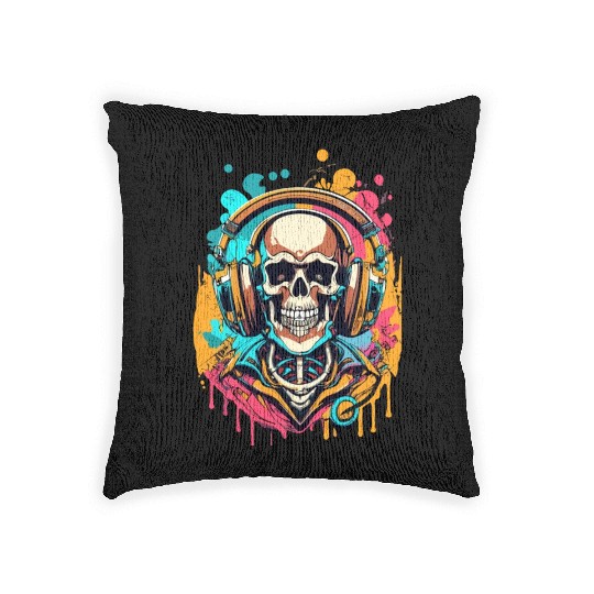 Spooky Graffiti SKull with Headphones Halloween Woven Pillows