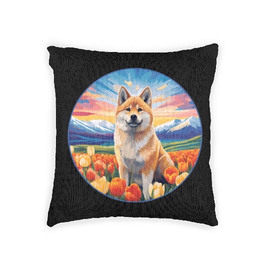 Akita Inu Flower Garden Cute Colorful Puppy Dog Woven Pillows