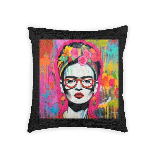 Frida Kahlo style urban art colorfull graffiti Woven Pillows