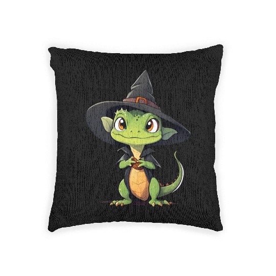 Cute Halloween lizard with a witch hat. Woven Pillows