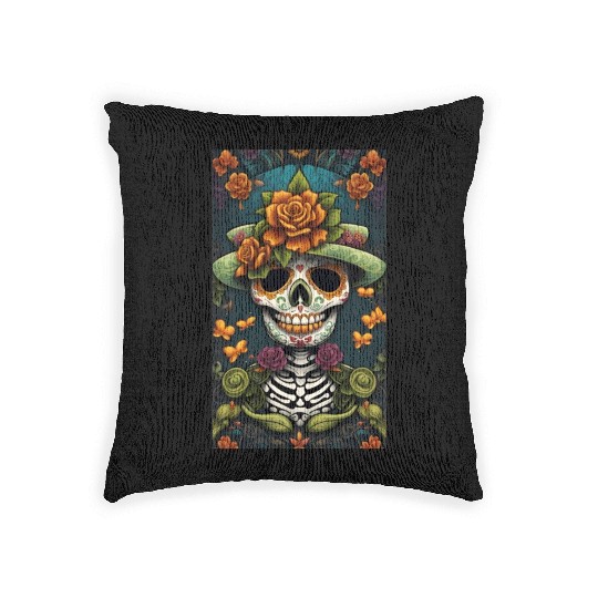 Sugar Skull Man In Good Luck Green With Flowers Woven Pillows