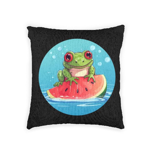 Frog on watermelon in the sea Woven Pillows