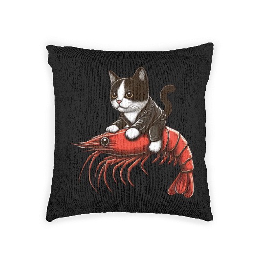 Cat rides shrimp Woven Pillows