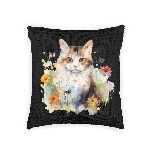 Watercolor Cat Flowers & Butterflies Woven Pillows