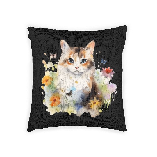 Watercolor Cat Flowers & Butterflies Woven Pillows