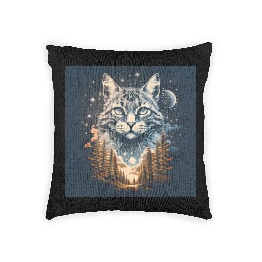 Cat In The Sky Above The Trees Fantasy Art Woven Pillows