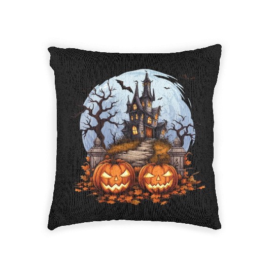 Spooky Haunted House Halloween Pumpkin Bat Woven Pillows