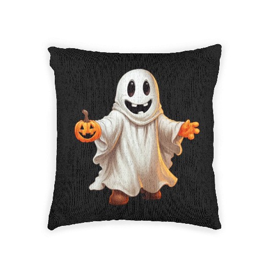 Funny Halloween Pumpkin With Cute Ghost Woven Pillows