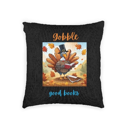 Gobble Good Book Thanksgiving Library Turkey Fall Woven Pillows