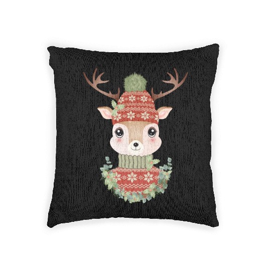 cute deer with sweater and Christmas wreath Woven Pillows