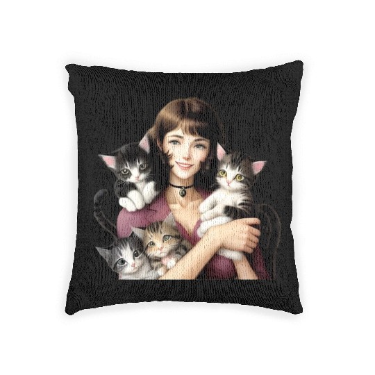 Pretty Cat Lady with Cute Kittens Woven Pillows