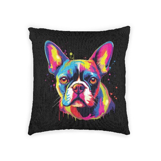Watercolor Colorful Boston Terrier Woven Pillows