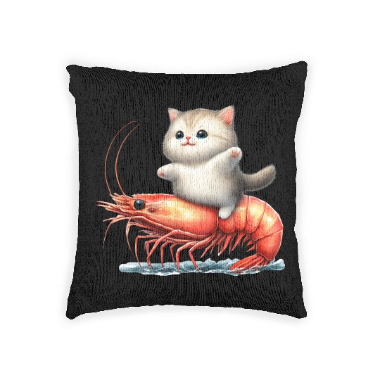 Cat rides on shrimp Woven Pillows