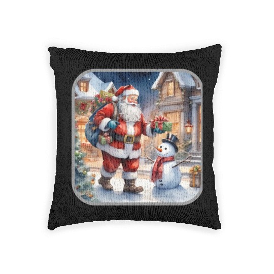 Santa Claus and a snowman distributes gifts. Woven Pillows