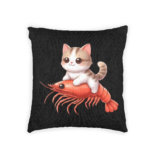 Cat rides on shrimp Woven Pillows