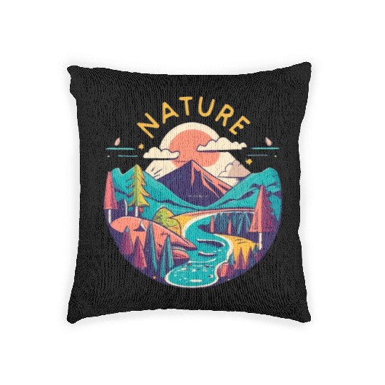 Nature circular graphic with mountains, trees and Woven Pillows