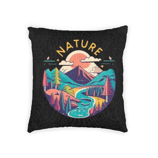 Nature circular graphic with mountains, trees and Woven Pillows