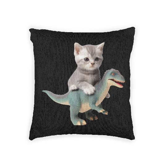 Cute kitten rides on T-rex Woven Pillows