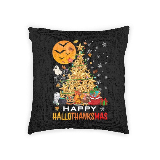 HAPPY HALLOTHANKSMAS CHRISTMAS THANKGIVING Woven Pillows