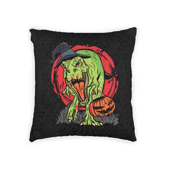 Trick Or Treating Dinosaur With Jack O Lantern Woven Pillows